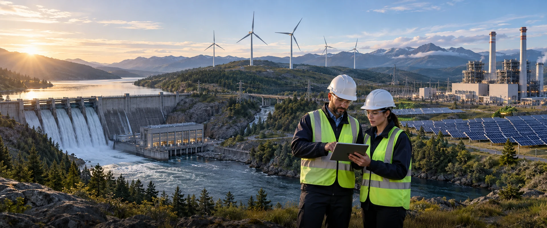 Power plant engineers monitoring connected hydro power generation facilities